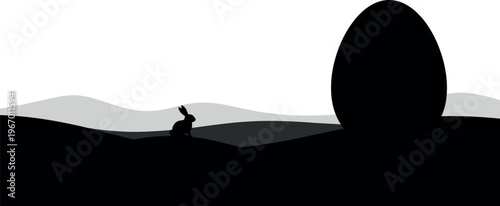 Easter day silhouette a rabbit gazing at a large easter egg spring holiday scene
