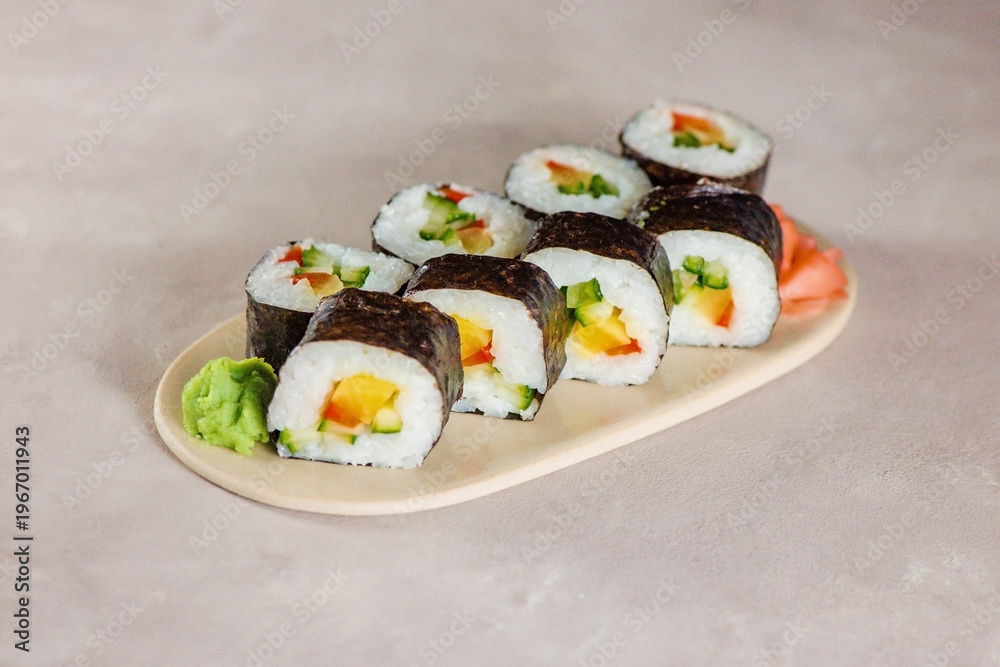 Ταπετσαρία Sushi rolls on a plate with ginger and wasabi