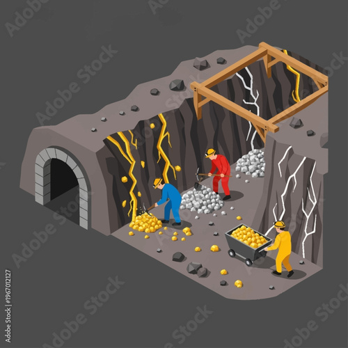 Isometric Gold Mine Scene with Miners and Ore.