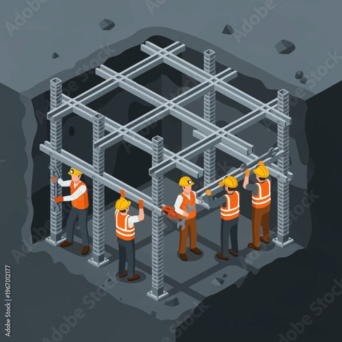 Construction Workers Building a Structure in a Pit.