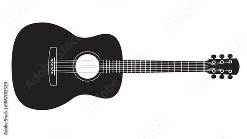 Acoustic guitar silhouette with six strings, a soundhole, and tuning pegs, isolated on a white background for musical concepts.