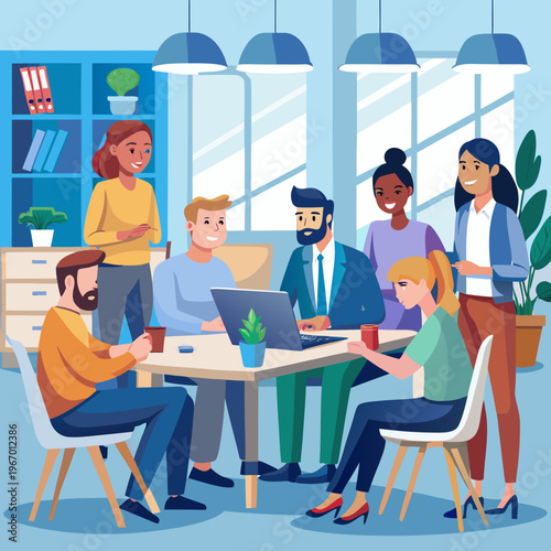 Diverse group of coworkers collaborating around a table in an office setting