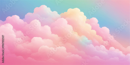 Beautiful fluffy pink cumulus clouds float through a bright blue summer atmosphere creating a stunning nature cloudscape during a sunny day