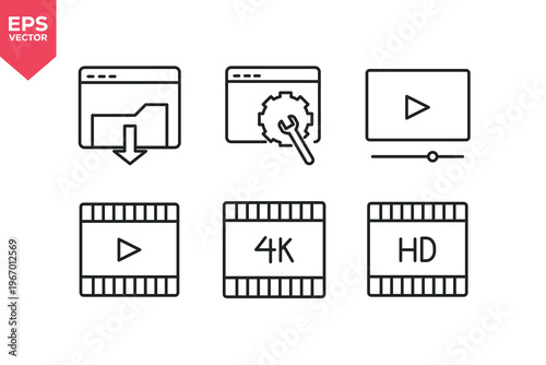 Set of line icons related to multimedia, video, video player, high definition video, video editing. Editable stroke. Vector illustration