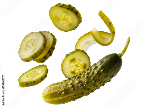 Fresh green cucumber and various sliced pieces, including round cuts and a peeled strip, isolated on transparent background, perfect for healthy food concepts PNG
