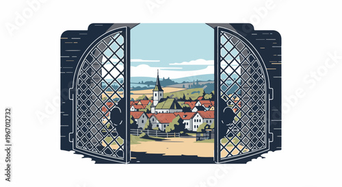 Open ornate gates reveal a charming village with a church in rolling hills