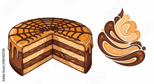 Multi-layered chocolate and caramel cake with spiderweb icing