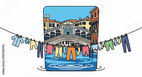 Colorful clothes hang to dry over a flooded canal with a famous bridge