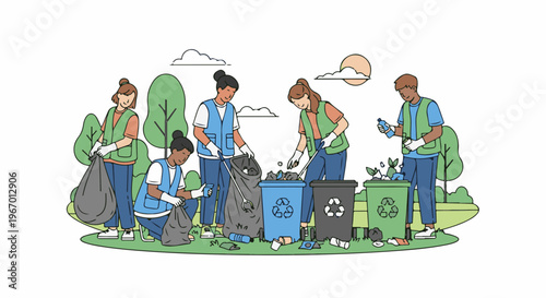 Diverse group cleaning up parkland with recycling bins
