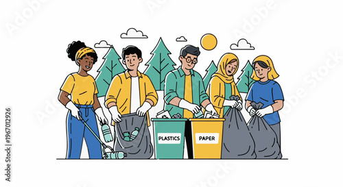 Diverse group of people actively cleaning outdoors, sorting waste into bins