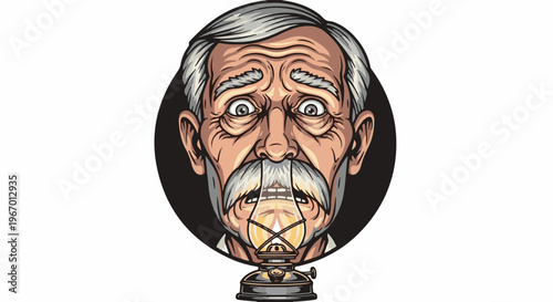 Elderly man with wide, shocked eyes above a lit oil lamp