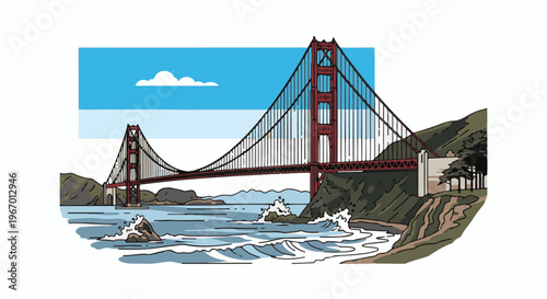 Iconic suspension bridge spans blue waters with crashing waves and green hillsides