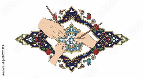 Hands collaboratively paint intricate floral patterns on a decorative border