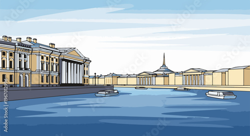 Grand classical architecture lined waterfront with boats on calm blue water