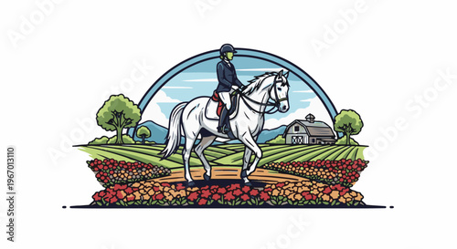 Equestrian riding a white horse through a picturesque rural landscape