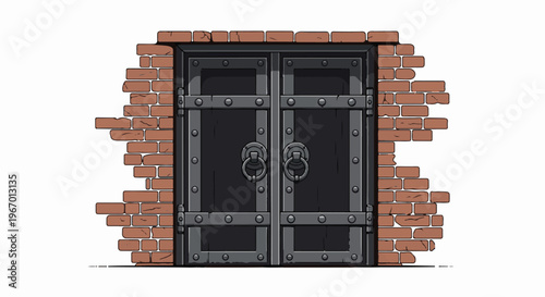 Ornate metal doors set into a distressed brick wall