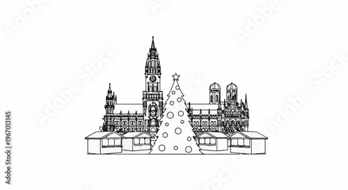 Ornate Gothic architecture with a festive Christmas tree and market stalls