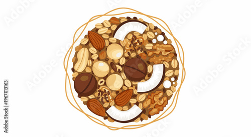 Overhead view of a bowl filled with a variety of nuts, seeds, and coconut