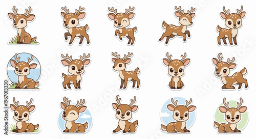 Cute cartoon fawns in various playful poses and locations