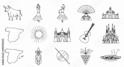 A collection of Spanish cultural icons including flamenco dancers, architecture, and food