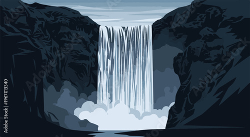 Pixelated waterfall cascades down rugged cliffs into mist and a calm pool