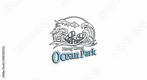Playful theme park logo with leaping fish, waves, and roller coaster