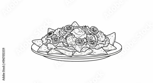 Plate of piled high nachos with toppings