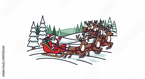 Santa Claus with reindeer and sleigh in a snowy forest landscape