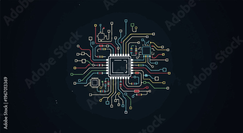 Colorful circuitry with central processor and connected components on dark background