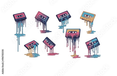 Melting Cassette Tape Music Silhouette Sticker, Surreal Liquid Drip Retro Vector, Modern Lofi Nostalgia Audio Illustration