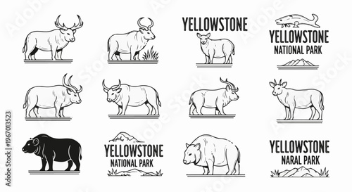 Collection of hand-drawn park animals and scenic landscape emblems