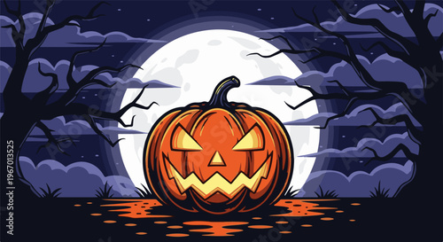 Spooky Halloween jack-o'-lantern against a full moon and bare trees