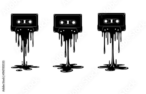 Melting Cassette Tape Music Silhouette Sticker, Surreal Liquid Drip Retro Vector, Modern Lofi Nostalgia Audio Illustration