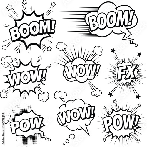 Comic book sound effect speech bubbles - wow, boom, pow