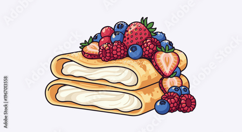 Stacked crepes filled with cream, topped with strawberries, raspberries, and blueberries