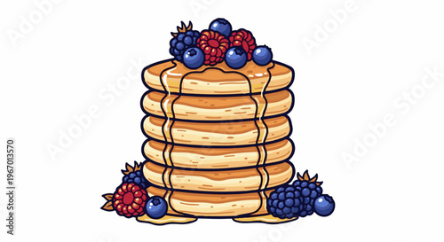 Stack of golden pancakes drizzled with syrup and topped with berries