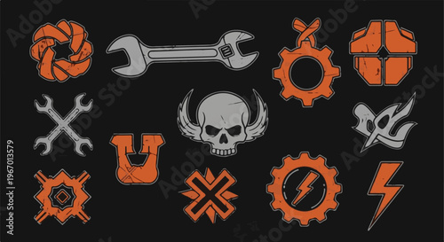 Collection of grungy industrial and mechanical themed symbols