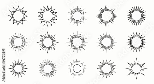 Collection of fifteen stylized sunburst graphic design elements
