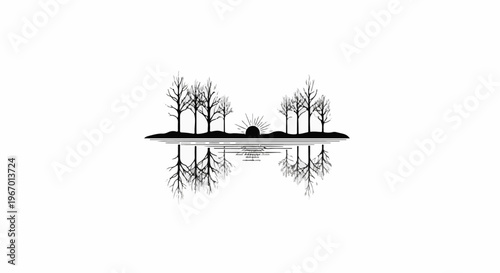 Stylized trees at sunrise reflected in calm water with a minimalist design