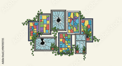 Collaged broken windows with colorful panes and green ivy