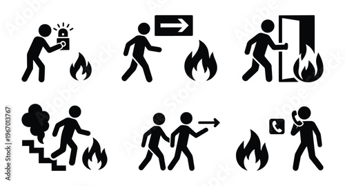 Stick figures fire action set. Silhouettes showing walking to exit, activating fire alarm, and calling firefighters. Vector emergency response scene for fire safety procedures, evacuation drills, and 
