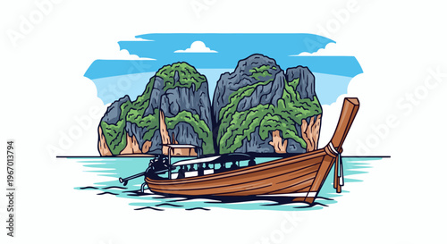 Traditional boat navigates turquoise waters near majestic, verdant karst islands