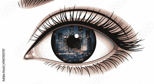 Close-up of a human eye reflecting a vibrant, illuminated cityscape at night