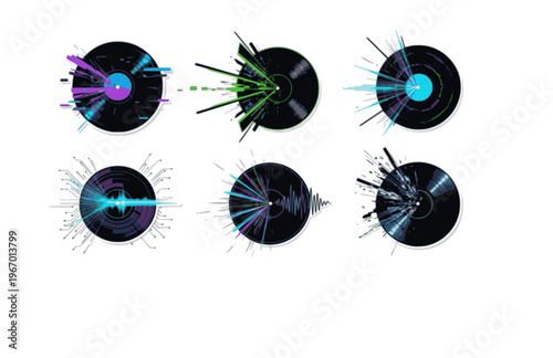 Cyberpunk Vinyl Record Music Silhouette Sticker, Glitch Tech Forward Audio Vector, Modern Retro Futurist DJ Icon Illustration