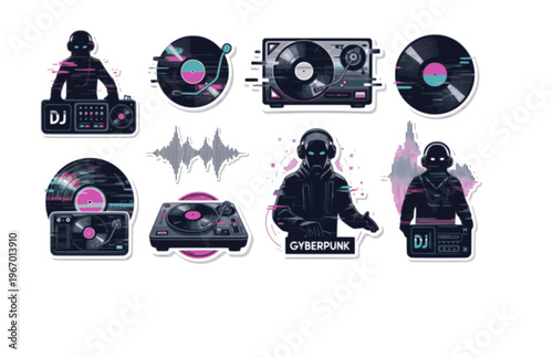 Cyberpunk Vinyl Record Music Silhouette Sticker, Glitch Tech Forward Audio Vector, Modern Retro Futurist DJ Icon Illustration