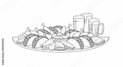 Assortment of fried chicken and tacos served with frothy beer mugs