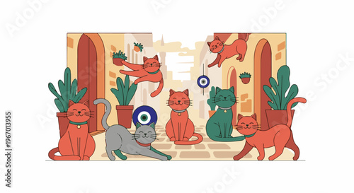 Whimsical scene of cats playing in a quaint, sun-drenched alleyway