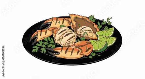 A cooked crab dish with lime wedges and parsley on a black plate