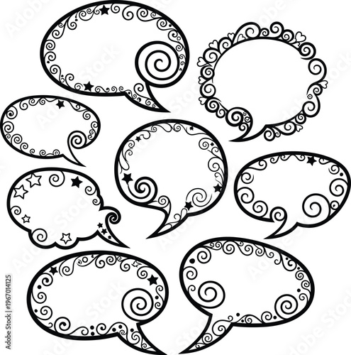 Decorative speech bubbles with swirls and stars with speech bubble