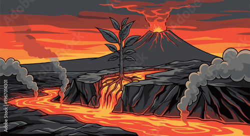 A lone plant thrives amidst molten rock and volcanic eruption